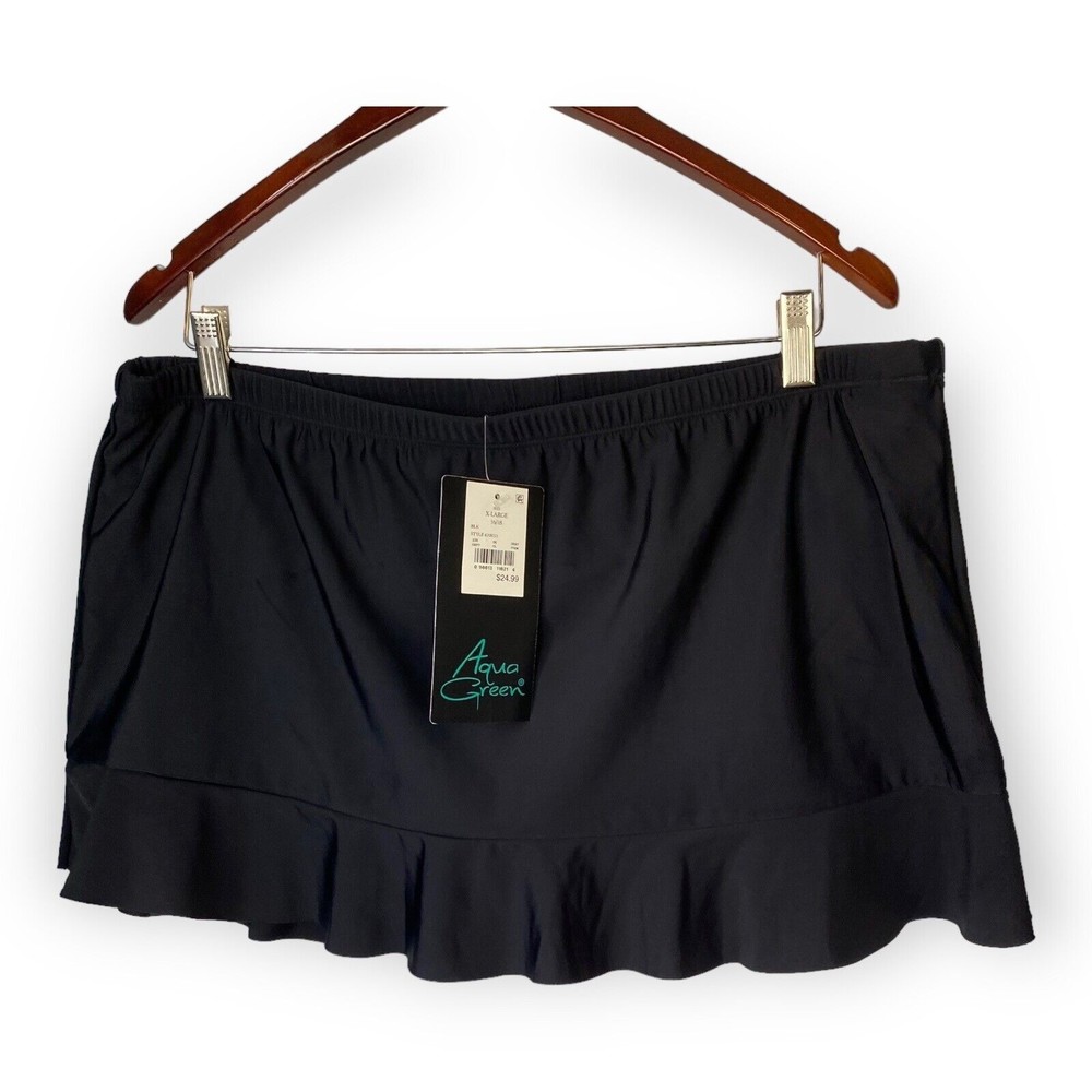 NWT Aqua Green Womens Black Ruffle Pull-On Swim Skirt Bottom Size XL *w/ Liner*